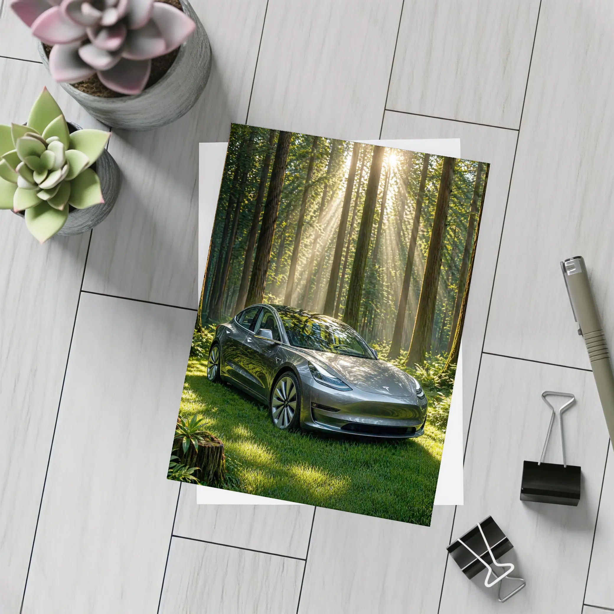 Tesla Model 3 Parked In Sunlit Forest – Postcards