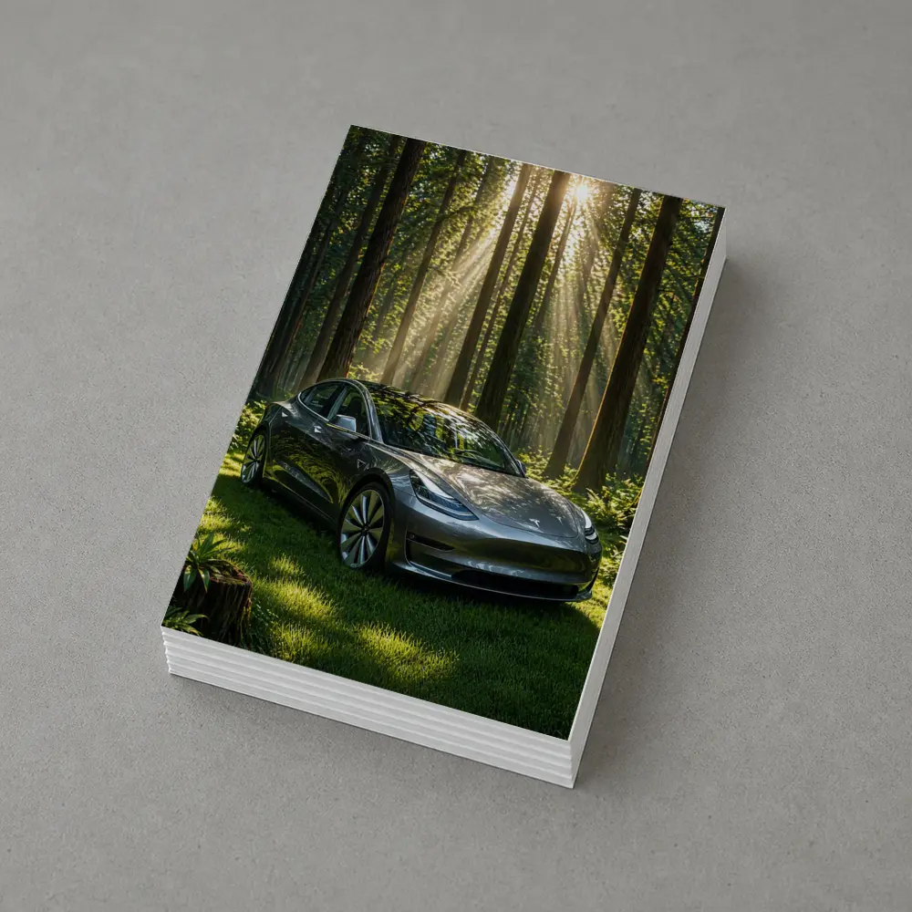 Tesla Model 3 Parked In Sunlit Forest – Postcards