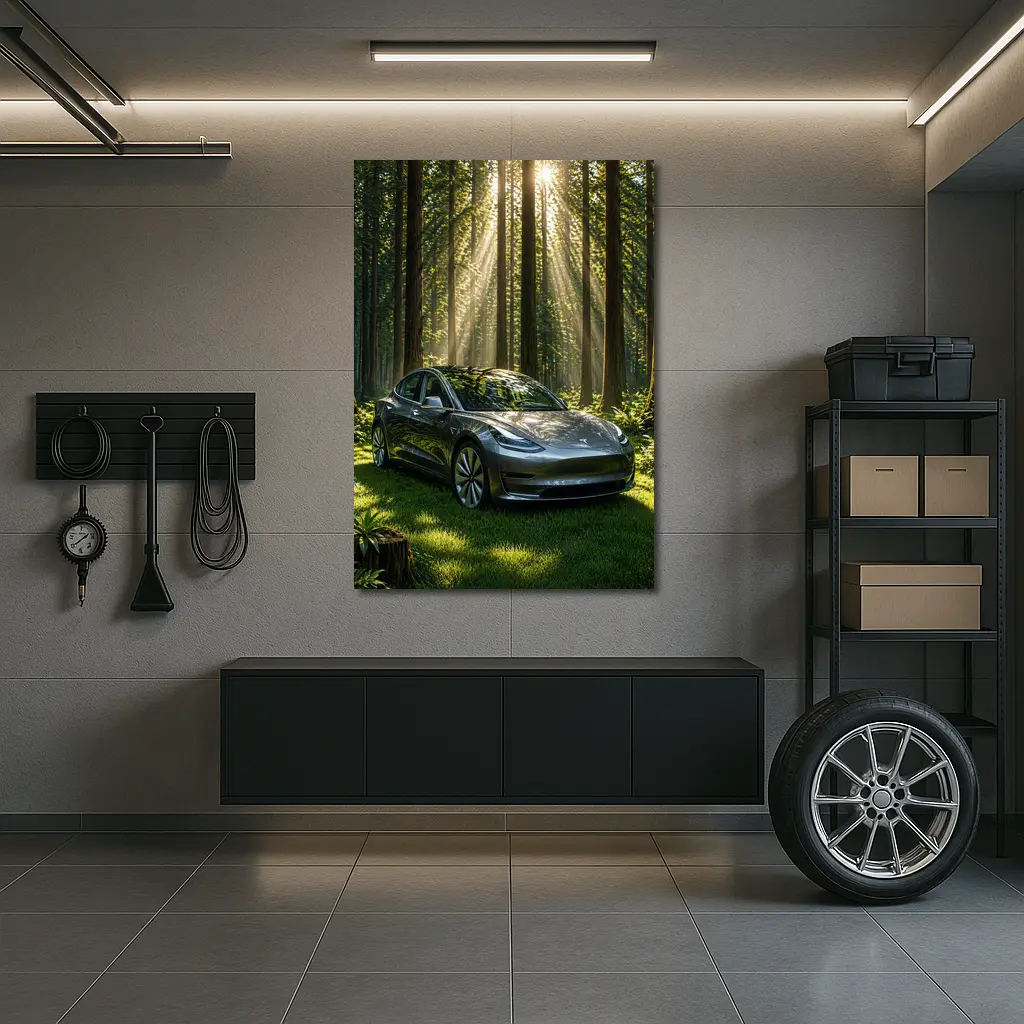 Tesla Model 3 Parked In Sunlit Forest – Wall Art