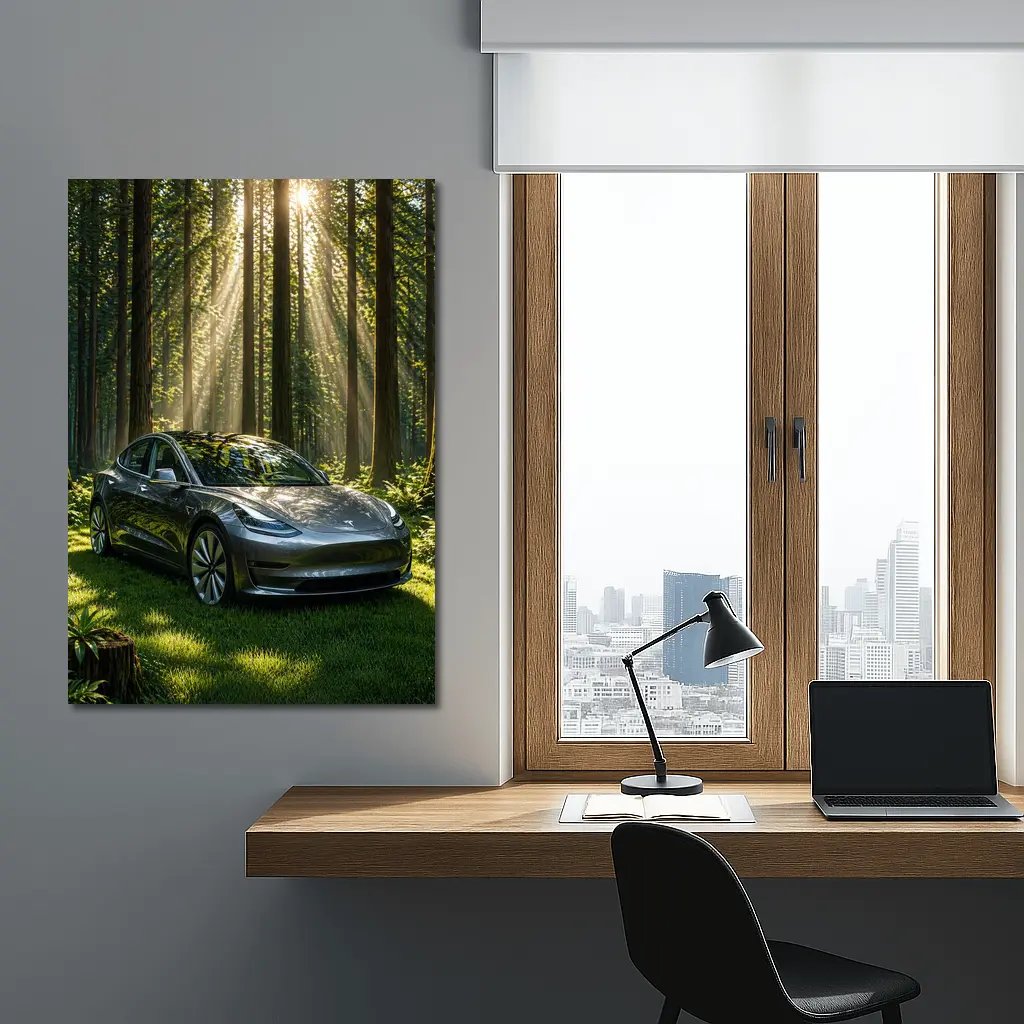 Tesla Model 3 Parked In Sunlit Forest – Wall Art