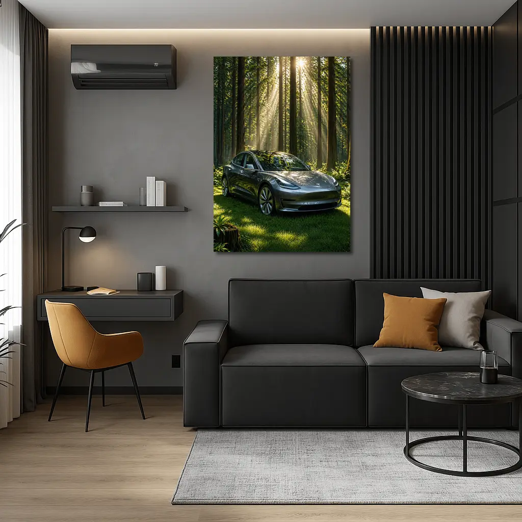Tesla Model 3 Parked In Sunlit Forest – Wall Art