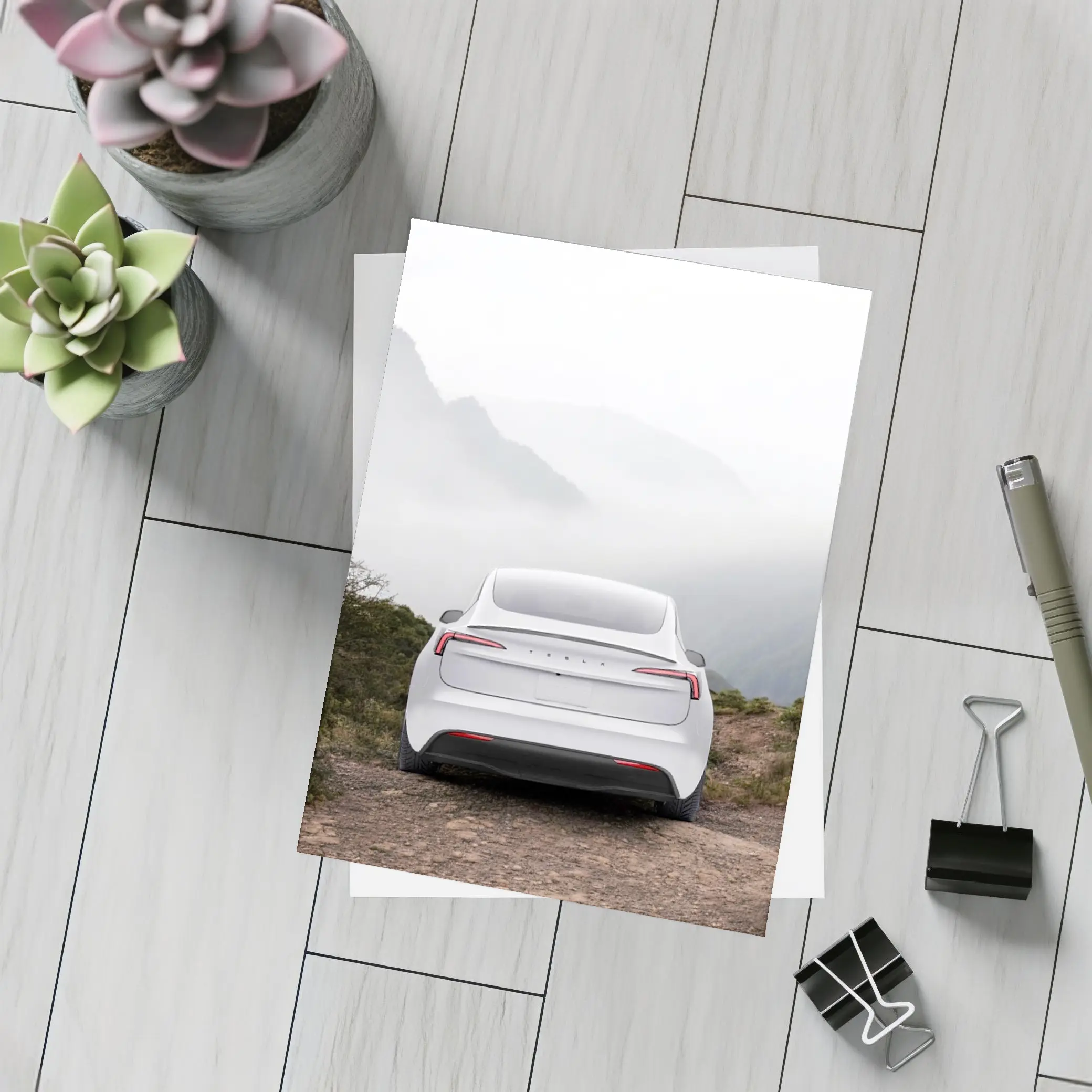 Tesla Model Y White Misty Mountain View – Postcards