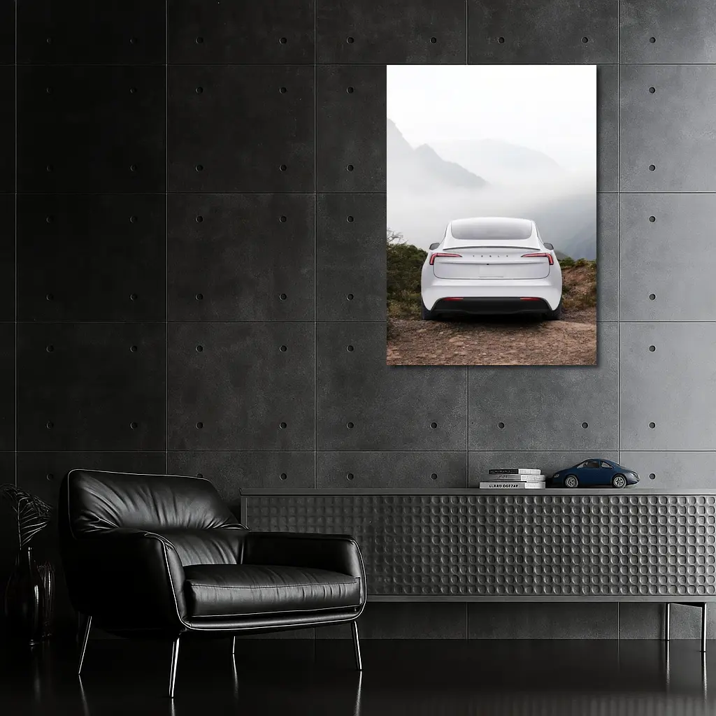 Tesla Model Y White Misty Mountain View – Wall Art