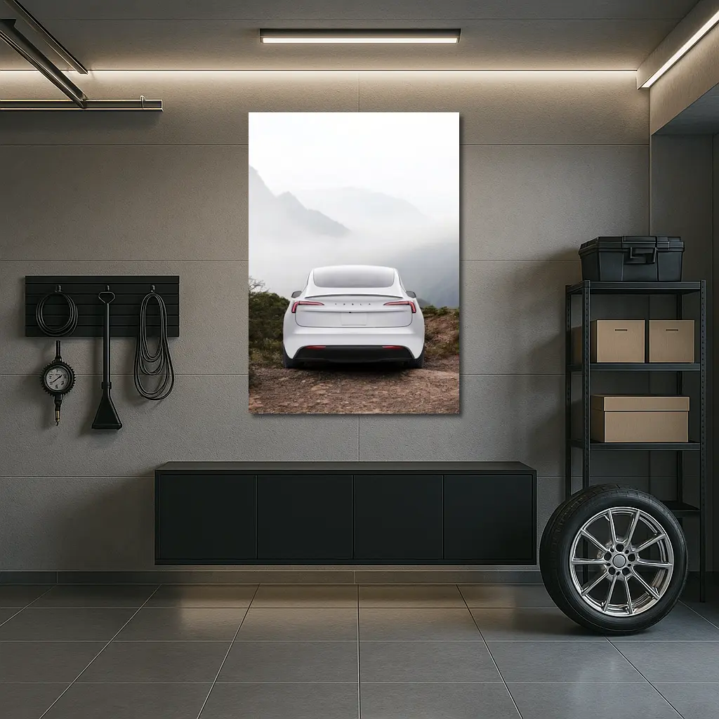 Tesla Model Y White Misty Mountain View – Wall Art