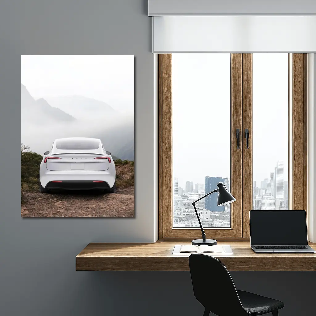 Tesla Model Y White Misty Mountain View – Wall Art