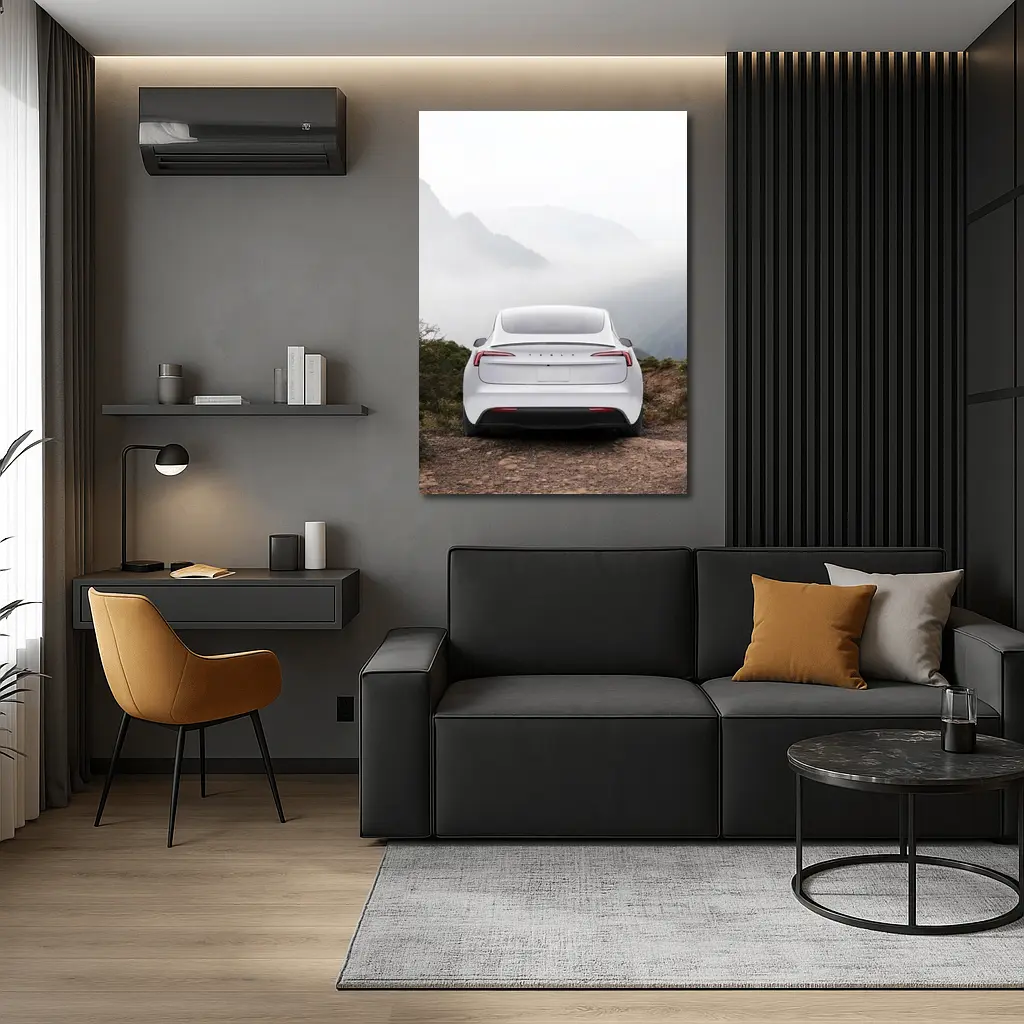 Tesla Model Y White Misty Mountain View – Wall Art