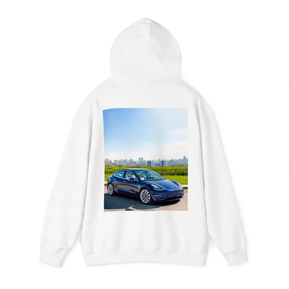 Tesla Model 3 Blue City Skyline Background – Hoodies