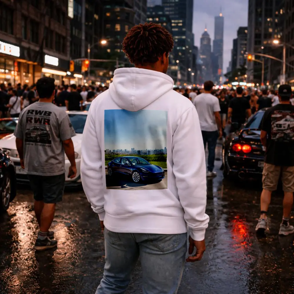 Tesla Model 3 Blue City Skyline Background – Hoodies