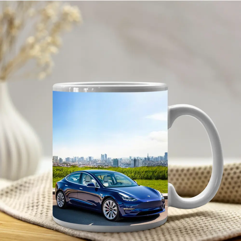 Tesla Model 3 Blue City Skyline Background – Mugs