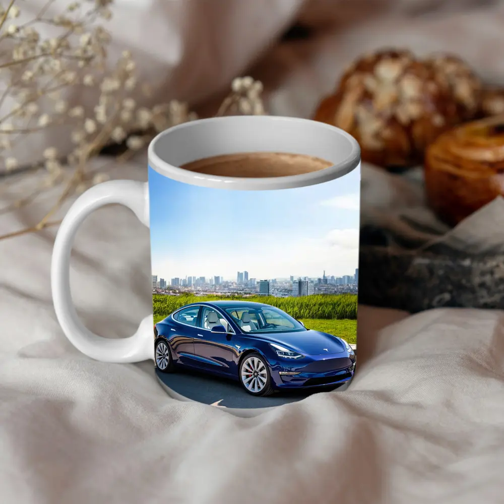 Tesla Model 3 Blue City Skyline Background – Mugs