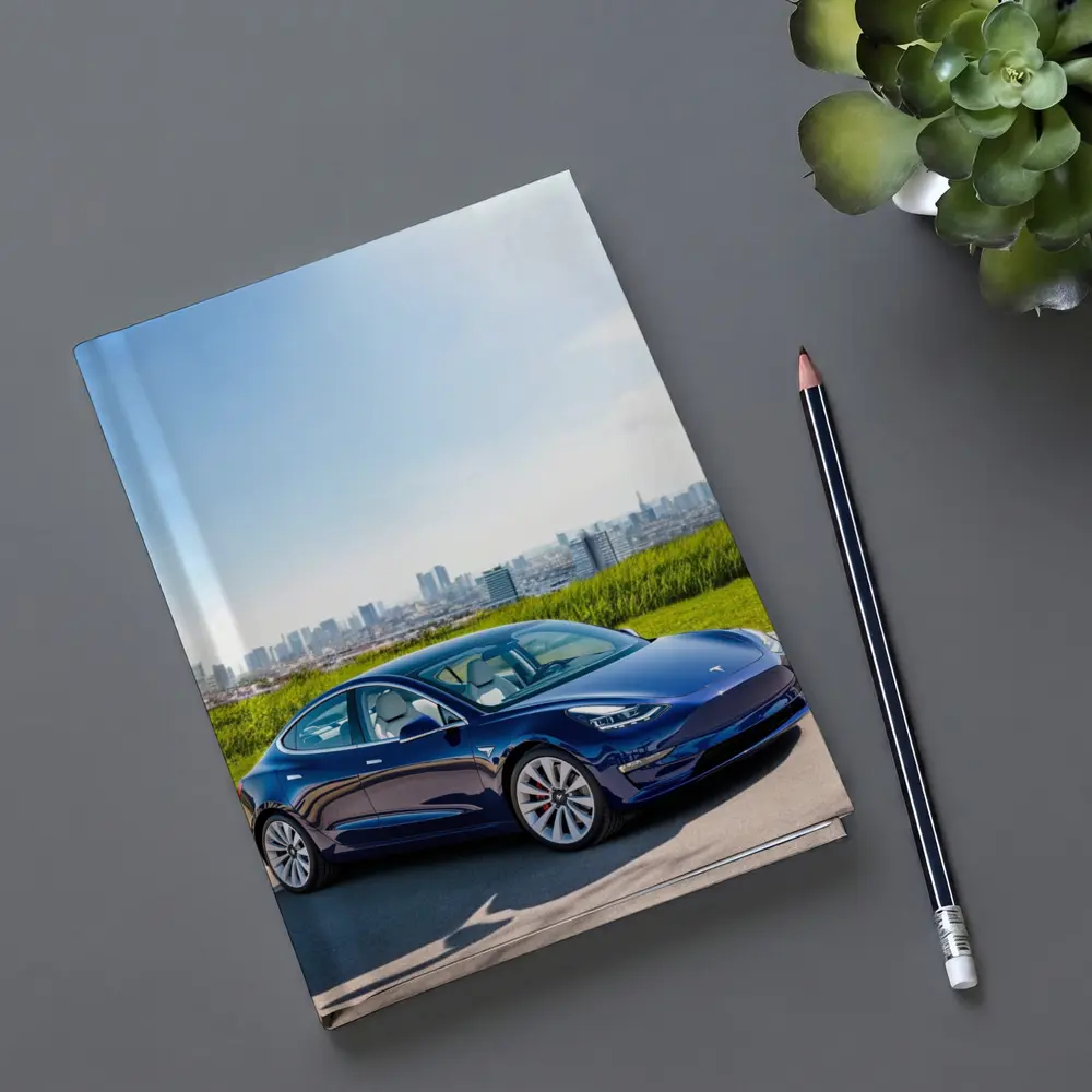 Tesla Model 3 Blue City Skyline Background – Notebooks