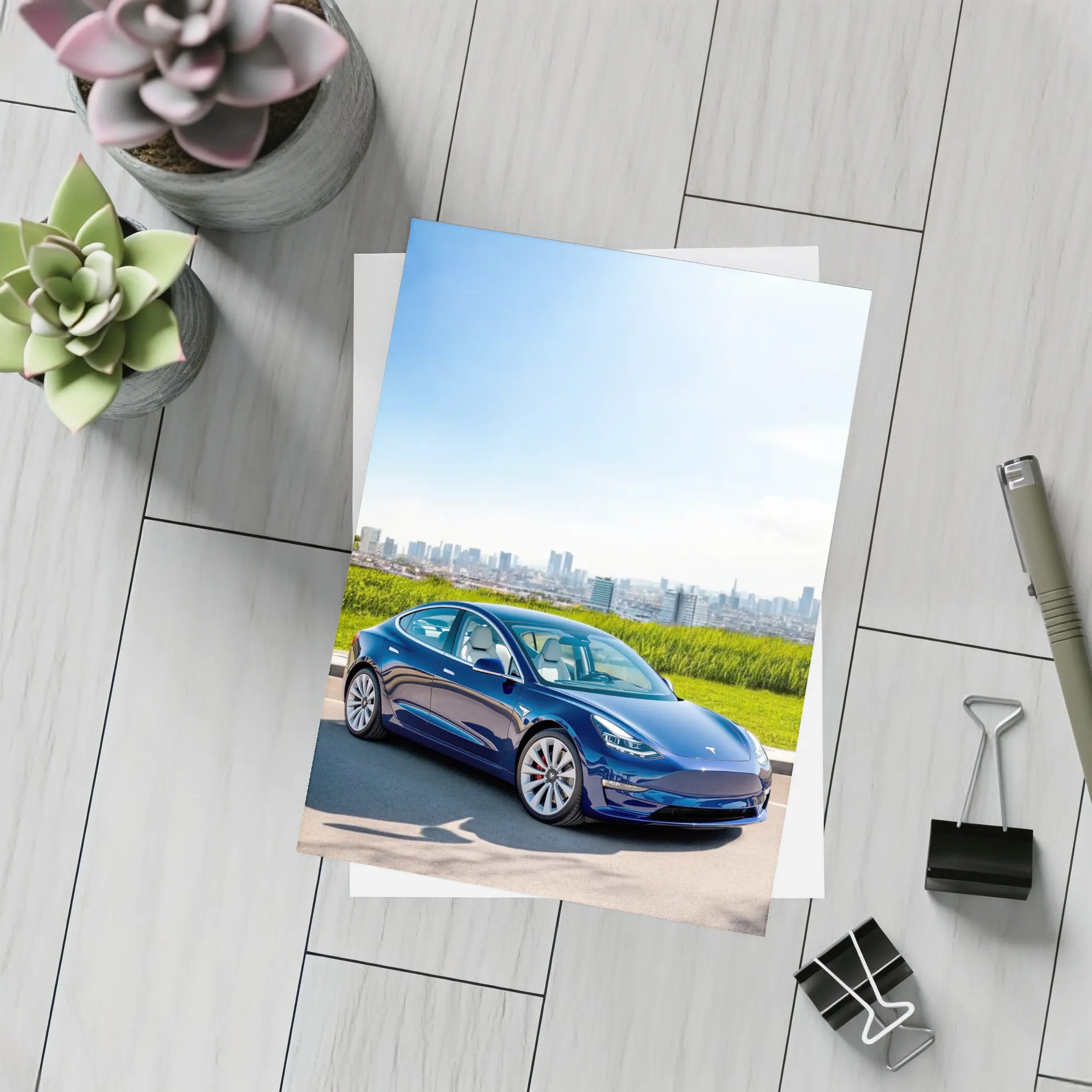 Tesla Model 3 Blue City Skyline Background – Postcards