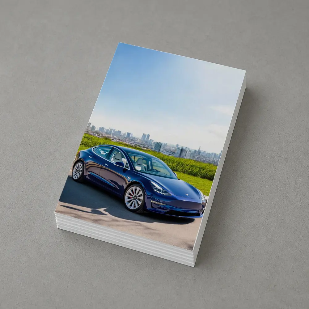 Tesla Model 3 Blue City Skyline Background – Postcards
