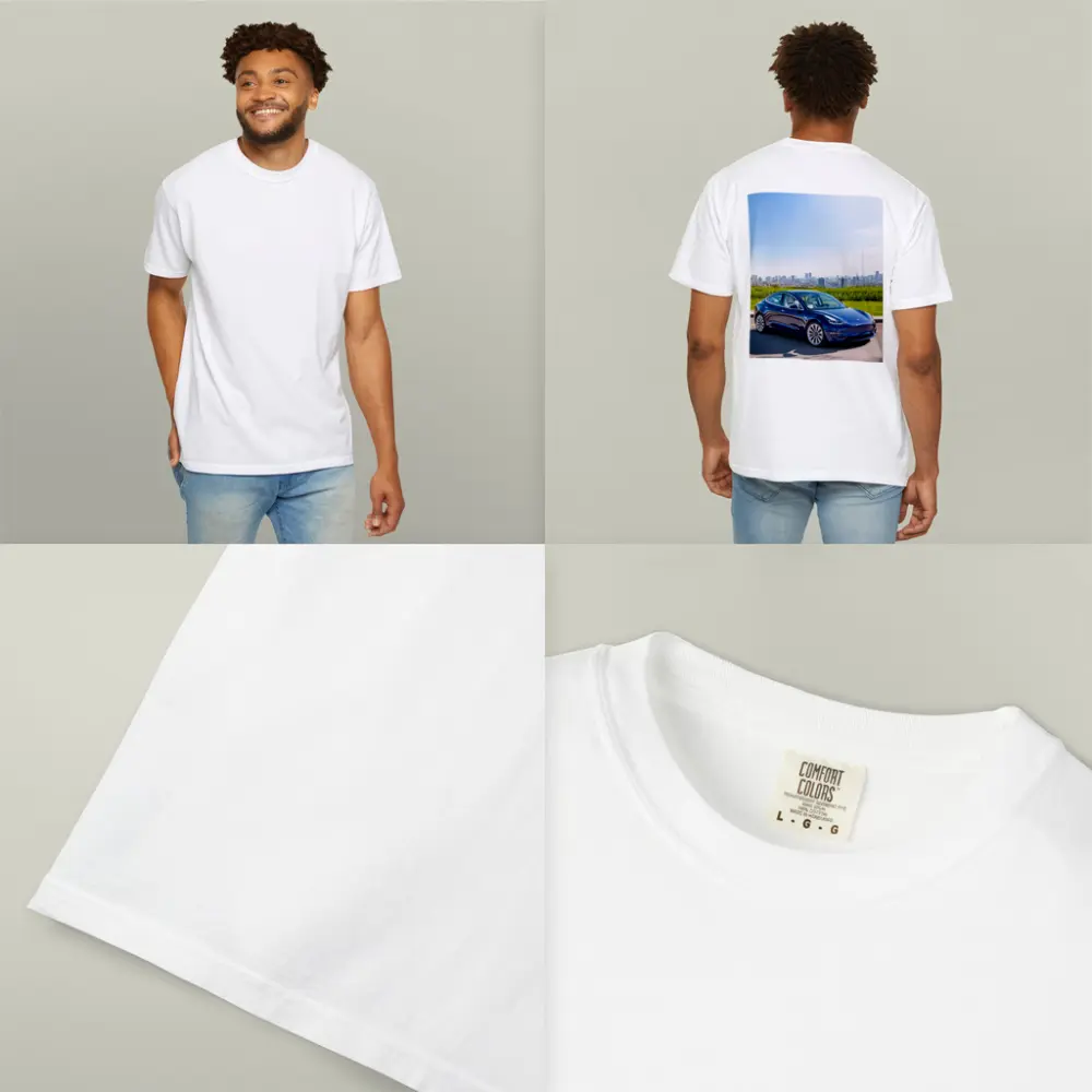 Tesla Model 3 Blue City Skyline Background – T-Shirts