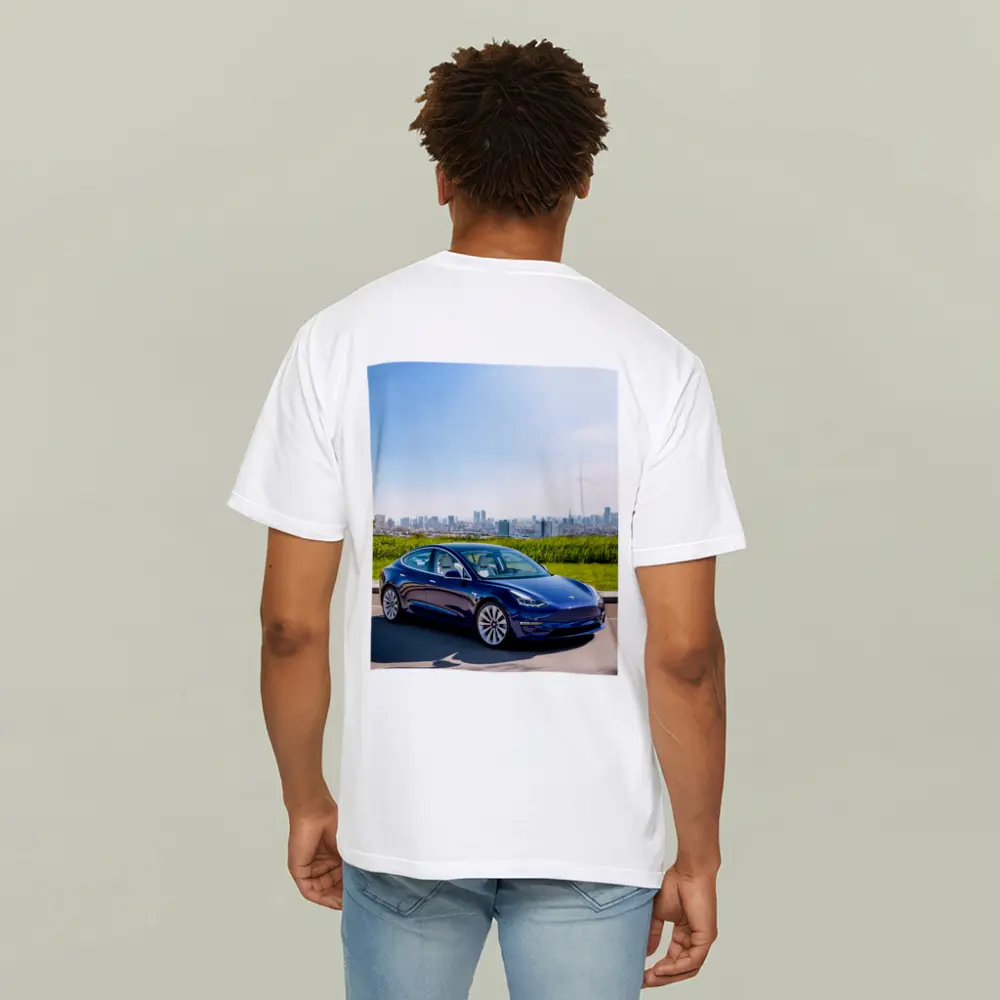 Tesla Model 3 Blue City Skyline Background – T-Shirts