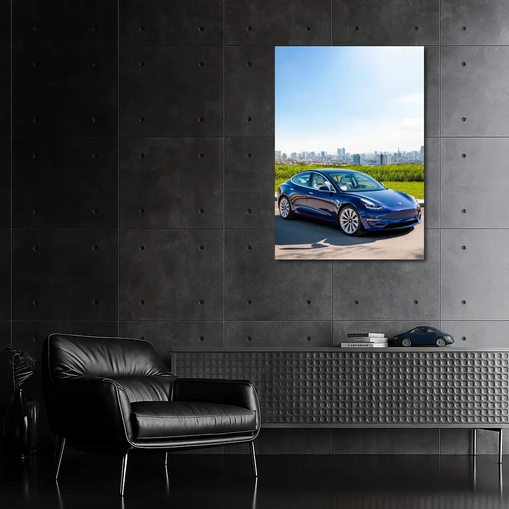 Tesla Model 3 Blue City Skyline Background – Wall Art