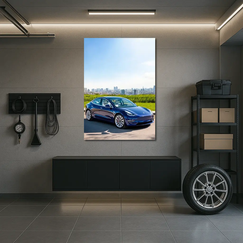 Tesla Model 3 Blue City Skyline Background – Wall Art