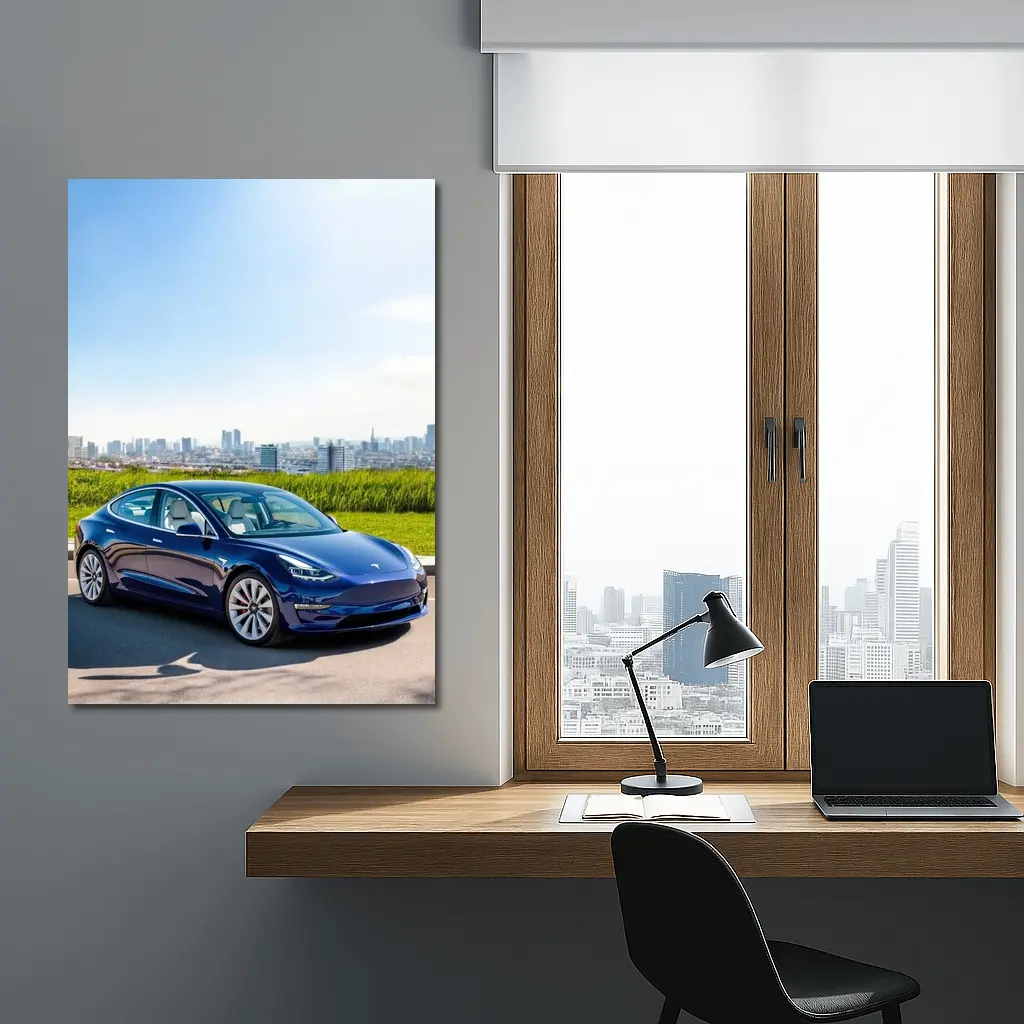 Tesla Model 3 Blue City Skyline Background – Wall Art
