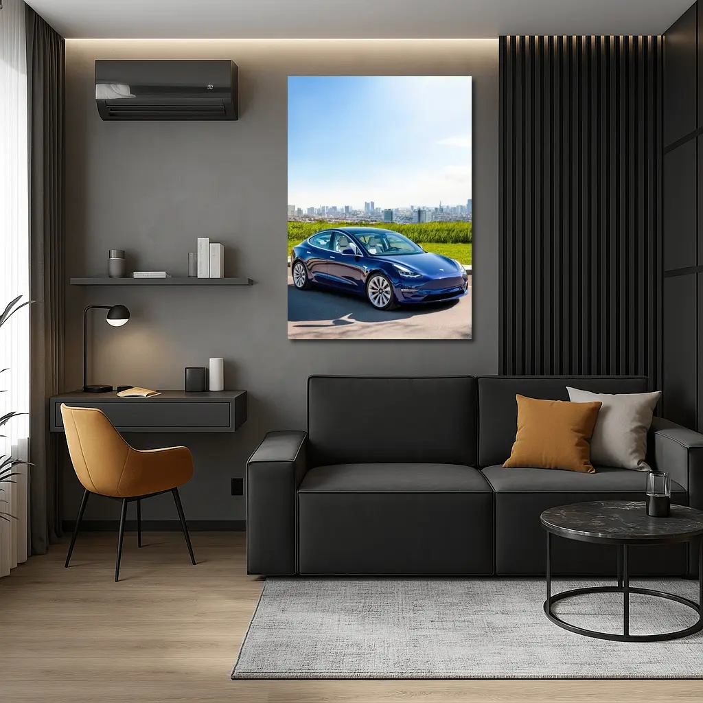 Tesla Model 3 Blue City Skyline Background – Wall Art