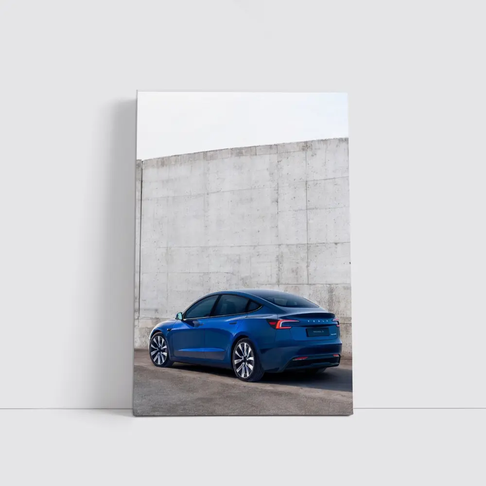 Tesla Model 3 Blue Against Concrete Wall – Wall Art