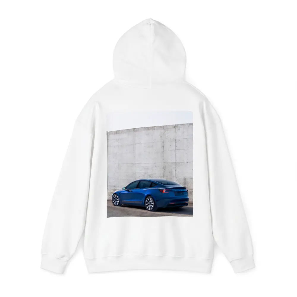 Tesla Model 3 Blue Against Concrete Wall – Hoodies