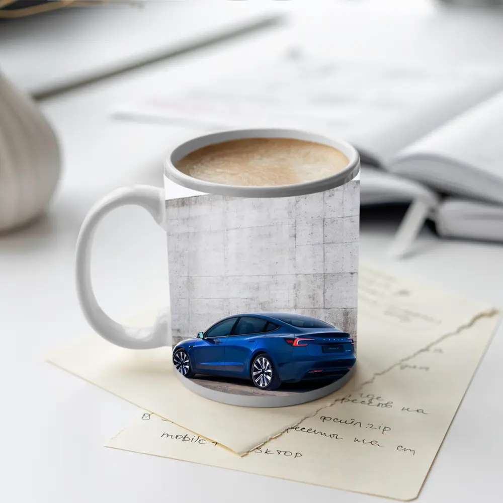 Tesla Model 3 Blue Against Concrete Wall – Mugs