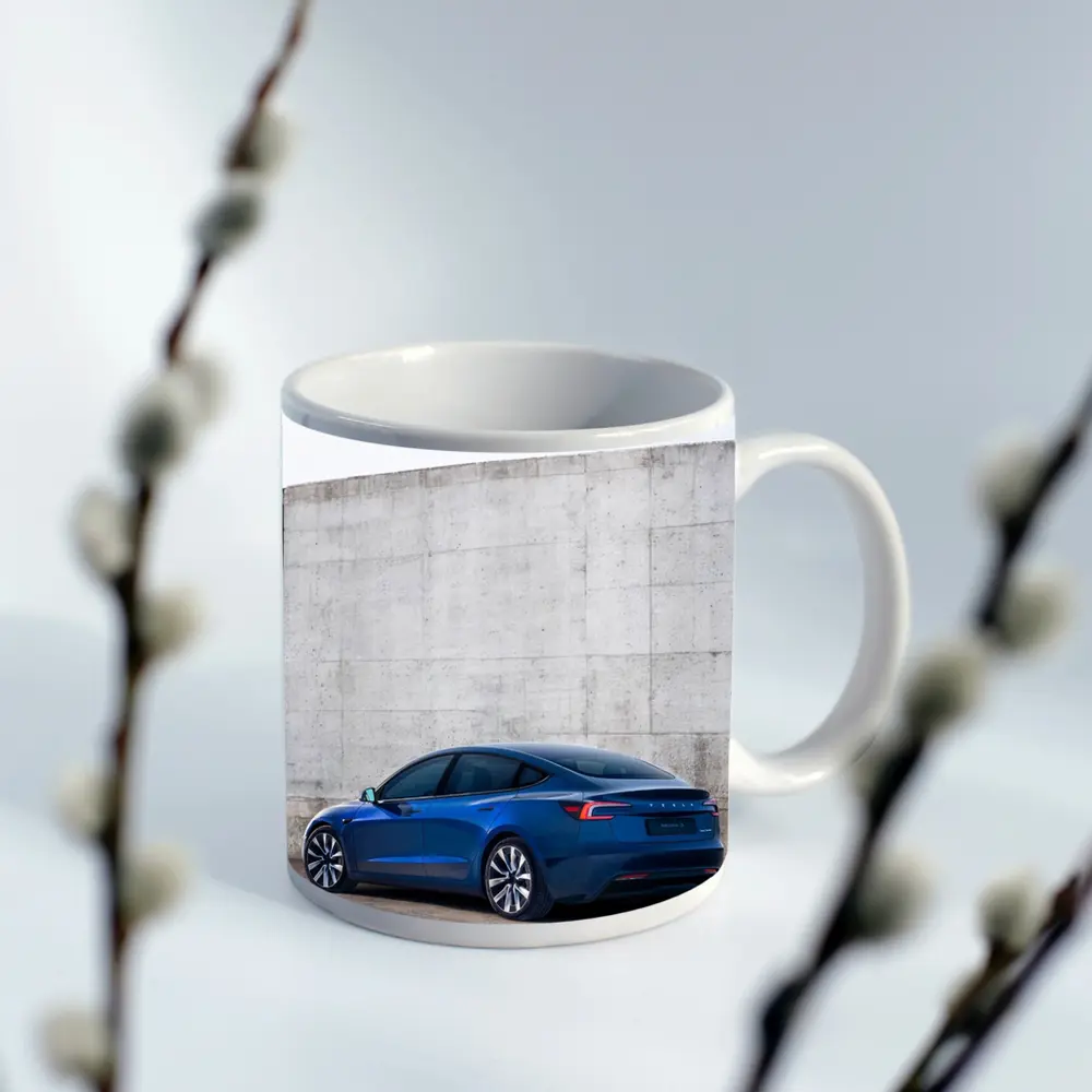 Tesla Model 3 Blue Against Concrete Wall – Mugs