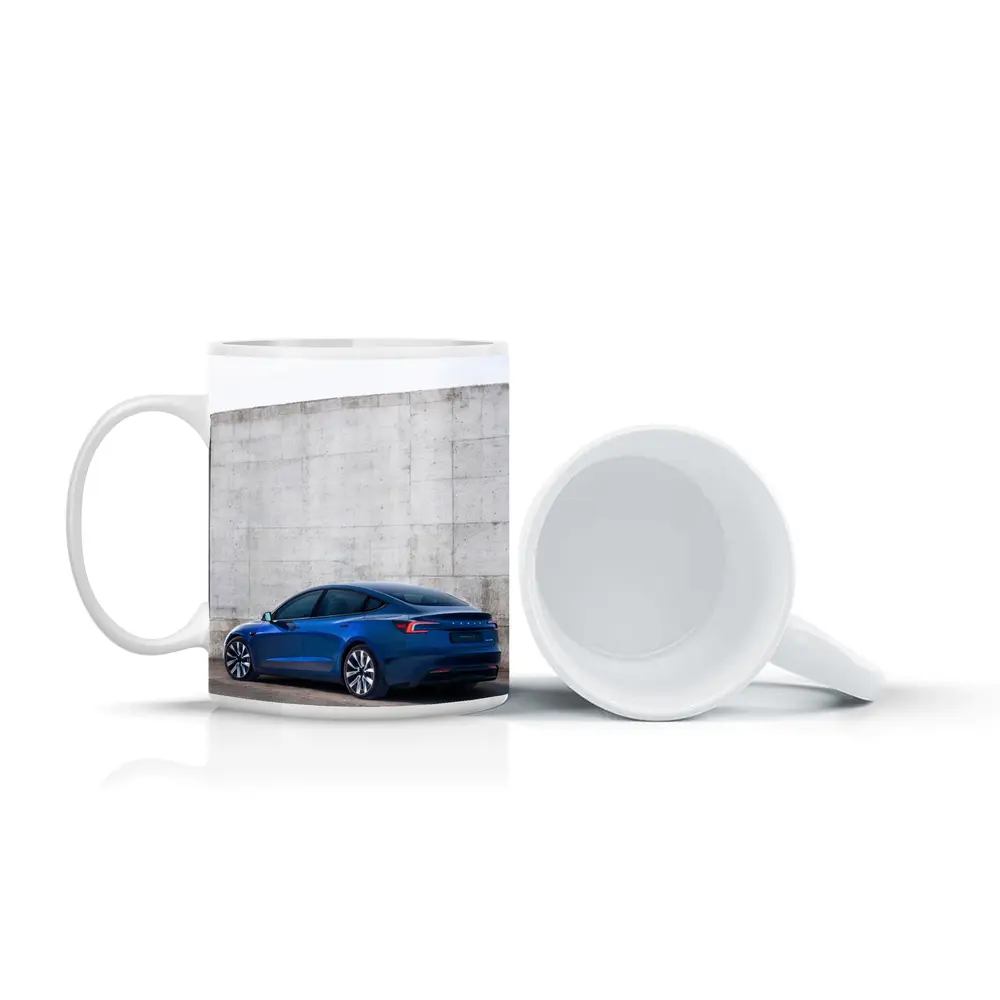 Tesla Model 3 Blue Against Concrete Wall – Mugs