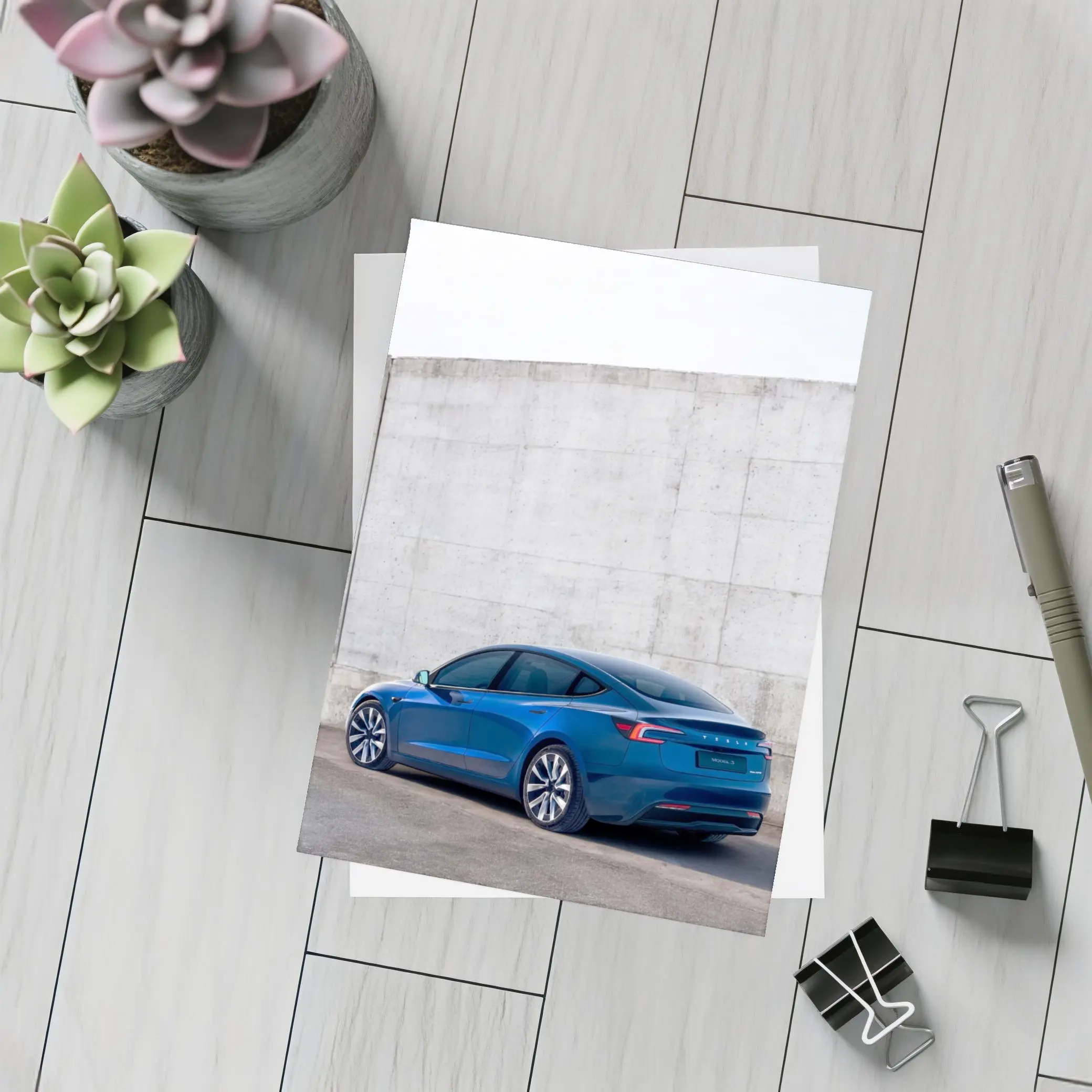 Tesla Model 3 Blue Against Concrete Wall – Postcards