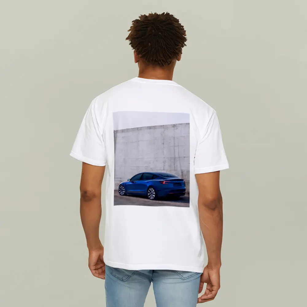 Tesla Model 3 Blue Against Concrete Wall – T-Shirts