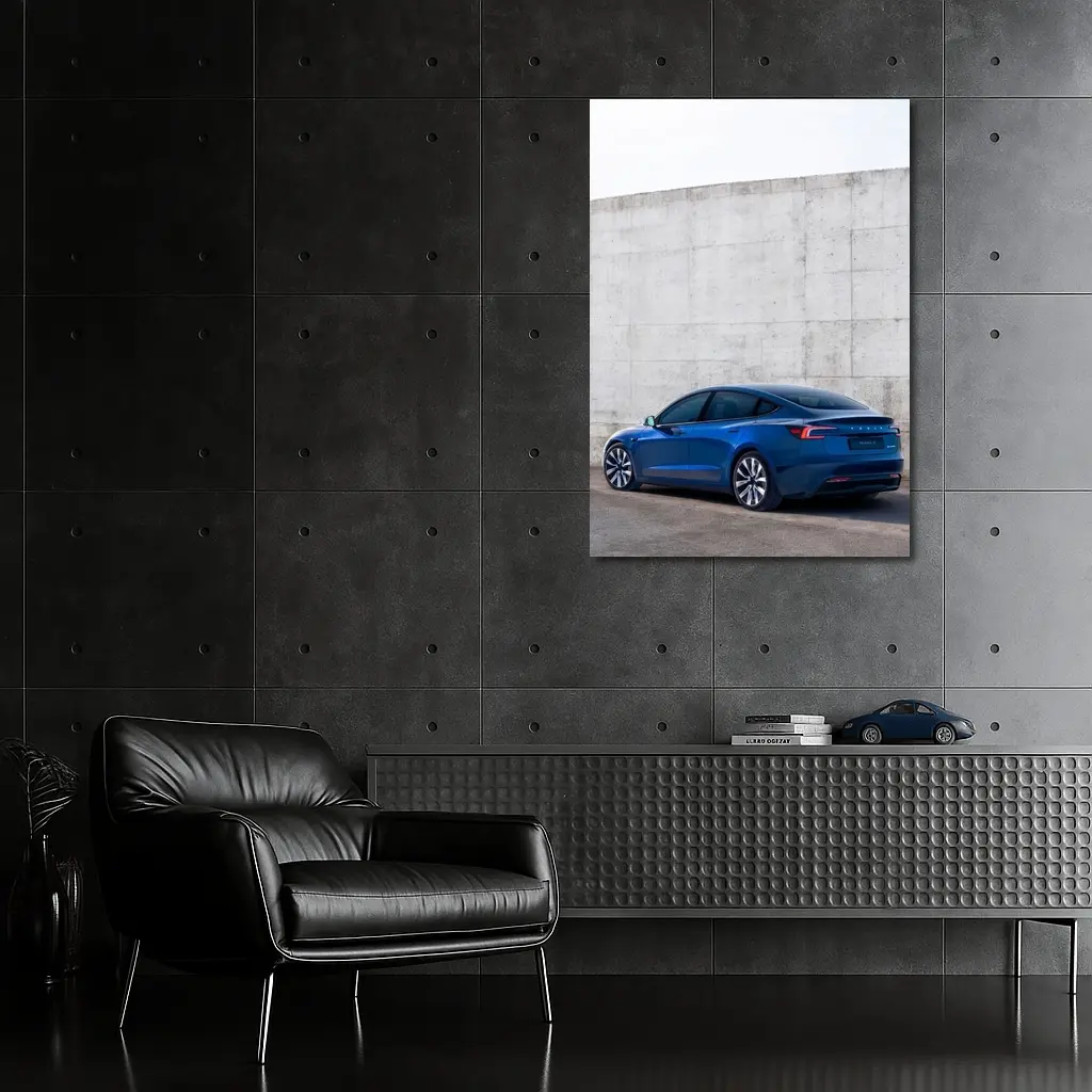 Tesla Model 3 Blue Against Concrete Wall – Wall Art
