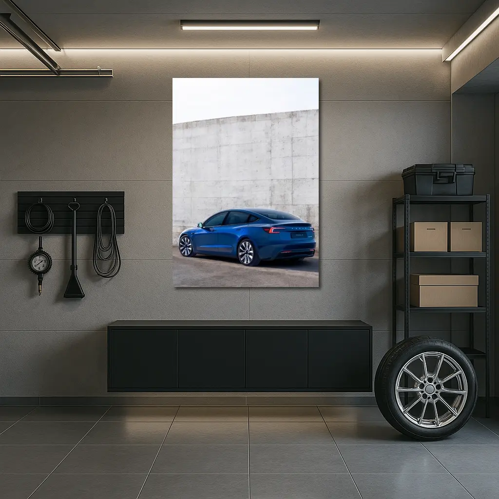 Tesla Model 3 Blue Against Concrete Wall – Wall Art