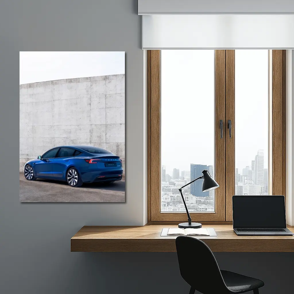 Tesla Model 3 Blue Against Concrete Wall – Wall Art