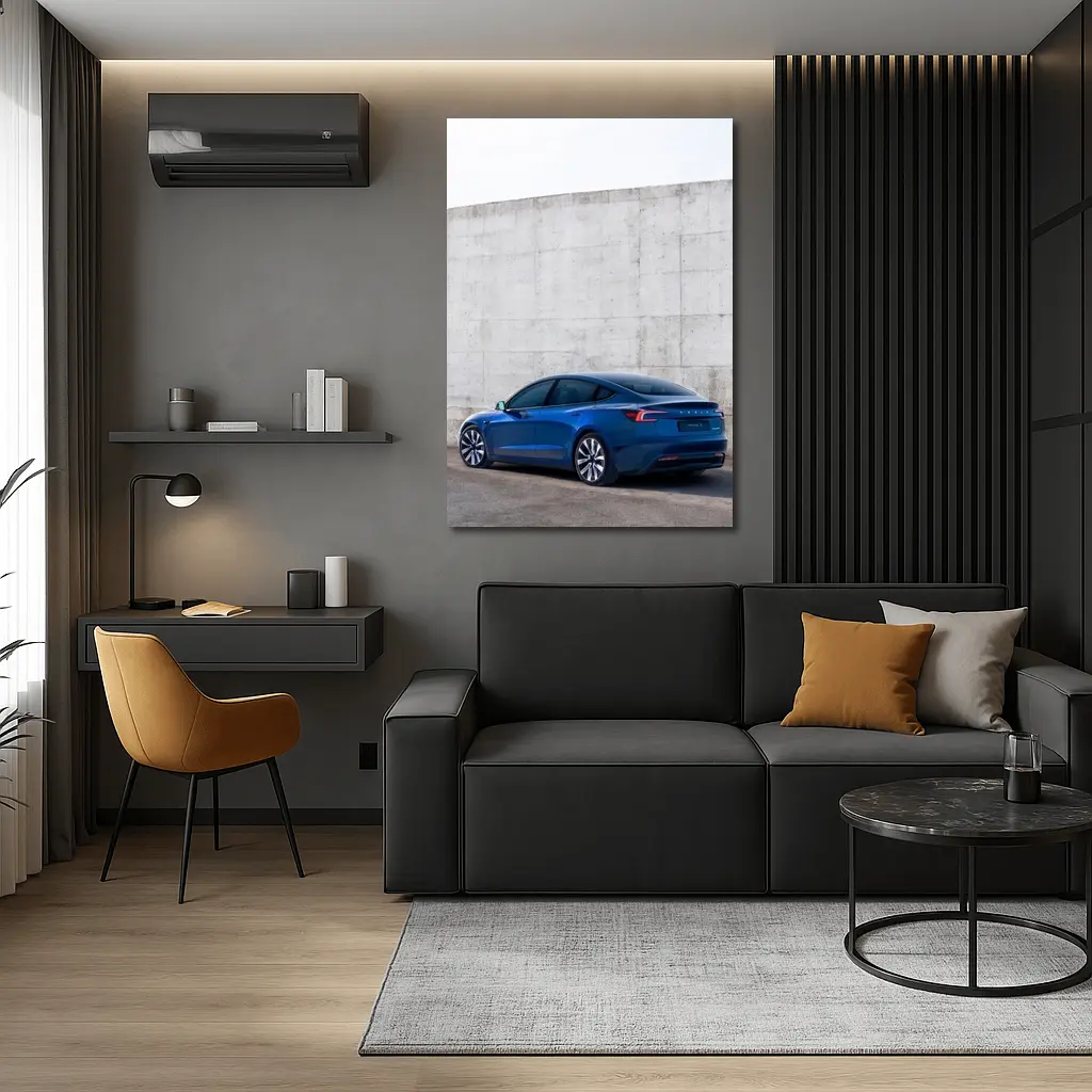 Tesla Model 3 Blue Against Concrete Wall – Wall Art