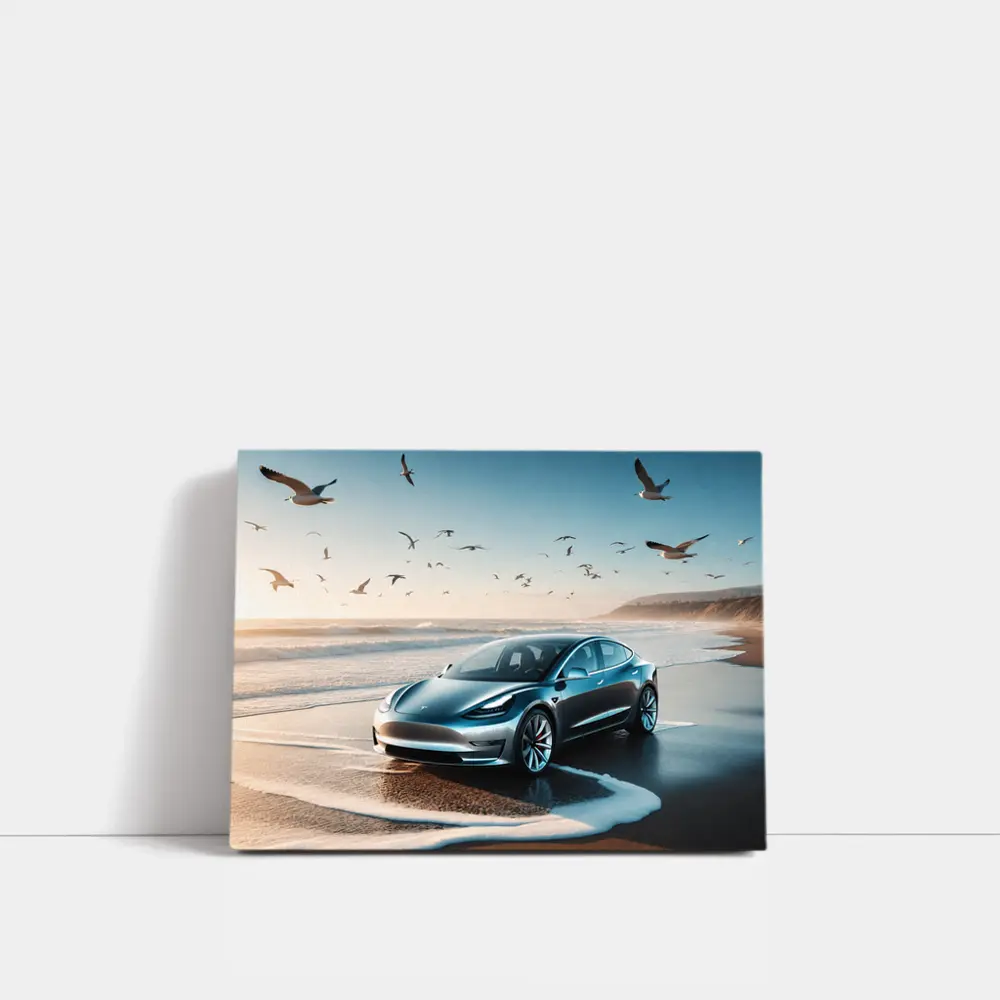Tesla Model 3 Parked on Sunny Beach – Wall Art