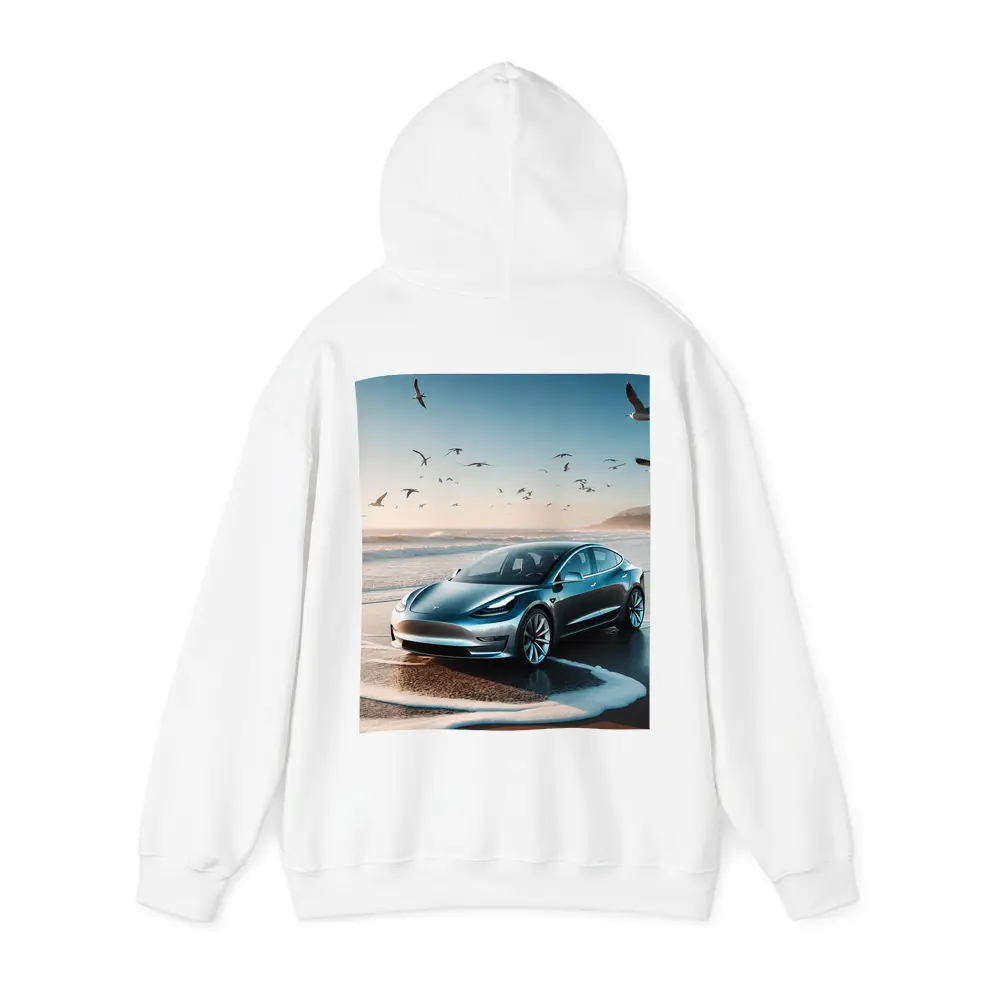 Tesla Model 3 Parked on Sunny Beach – Hoodies