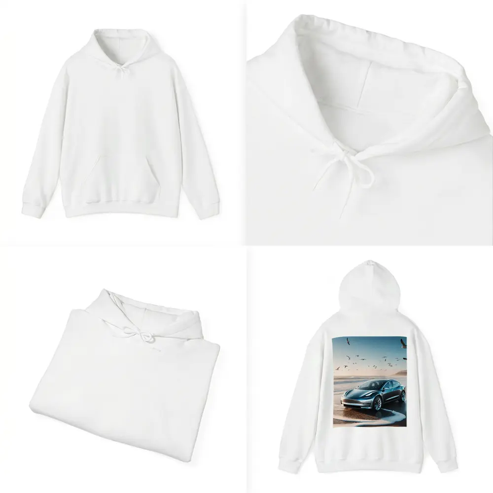 Tesla Model 3 Parked on Sunny Beach – Hoodies