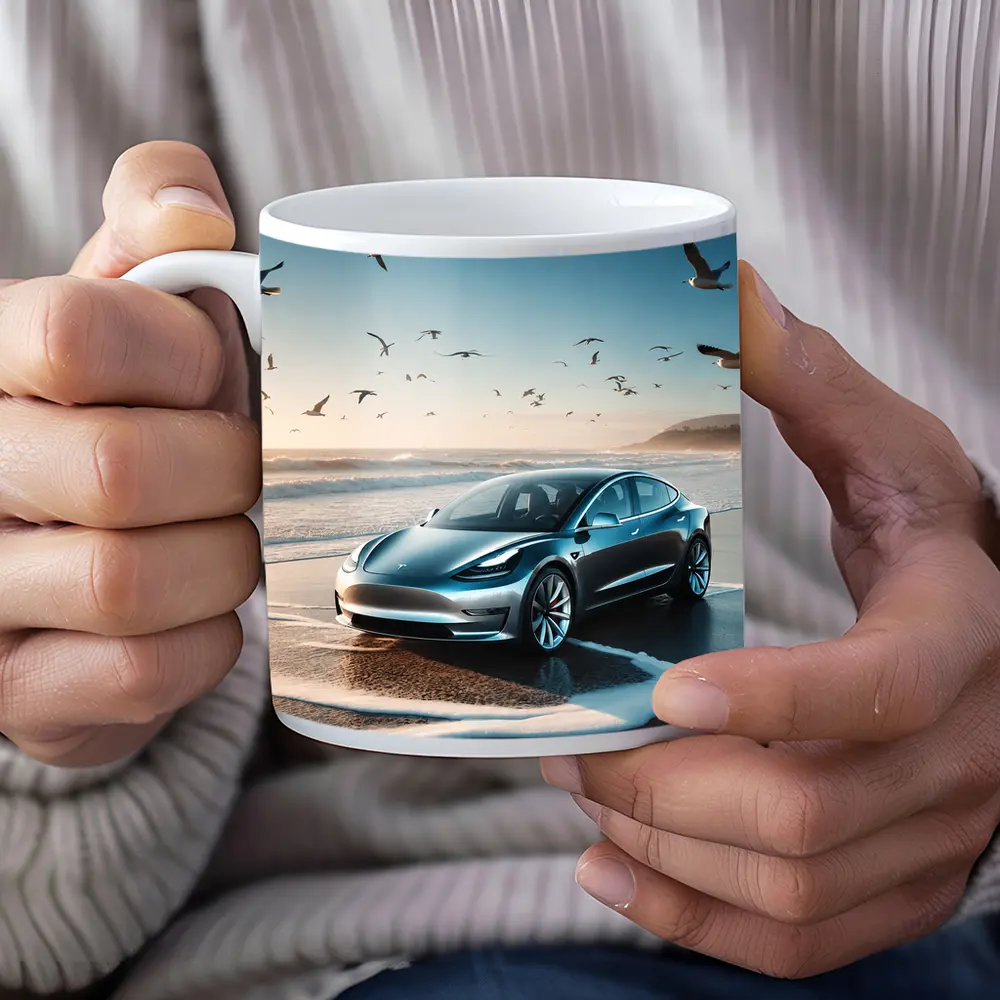 Tesla Model 3 Parked on Sunny Beach – Mugs