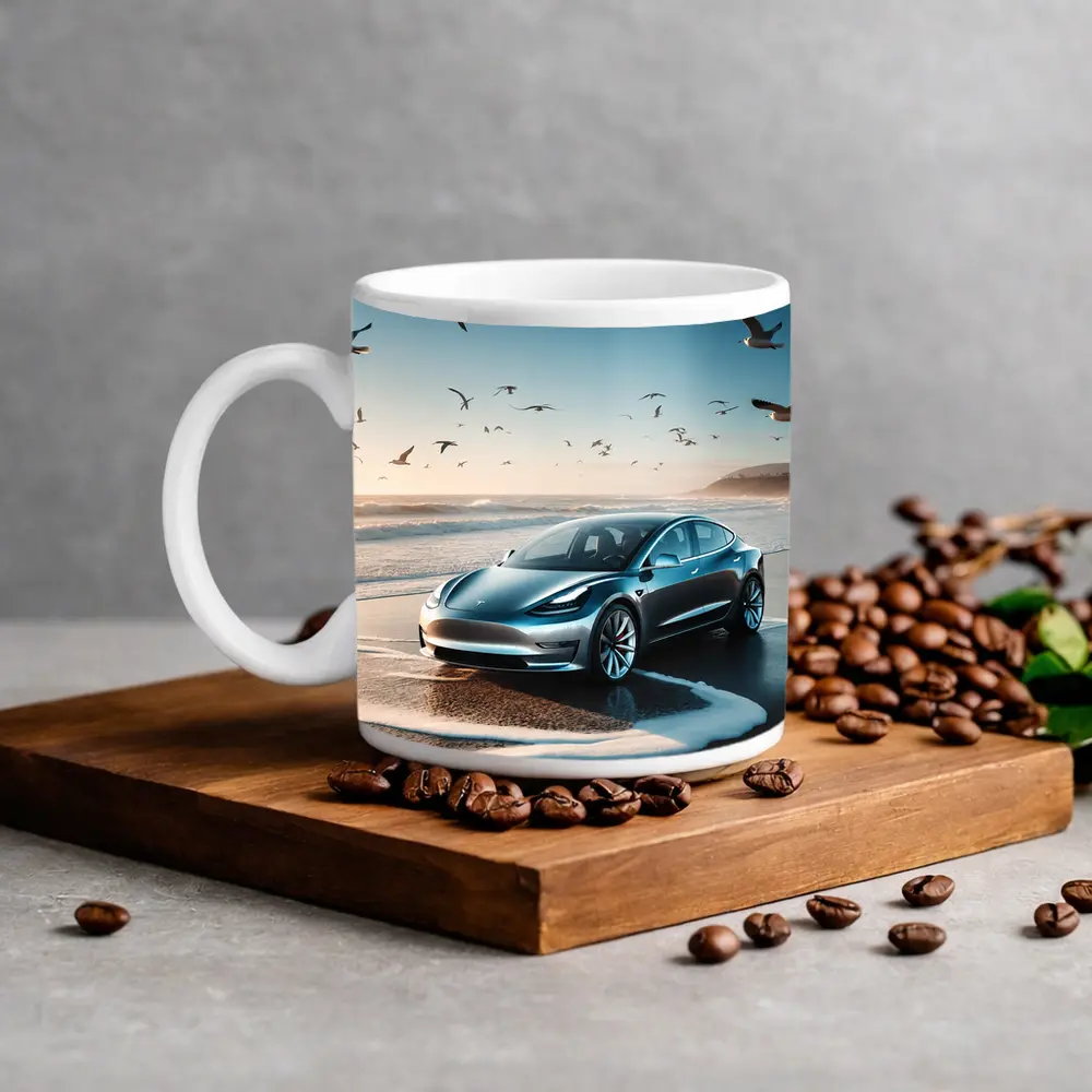 Tesla Model 3 Parked on Sunny Beach – Mugs