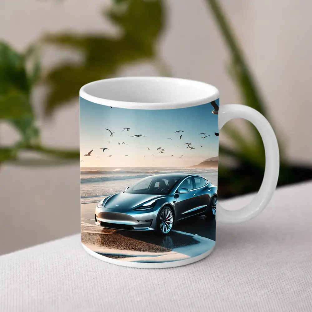 Tesla Model 3 Parked on Sunny Beach – Mugs