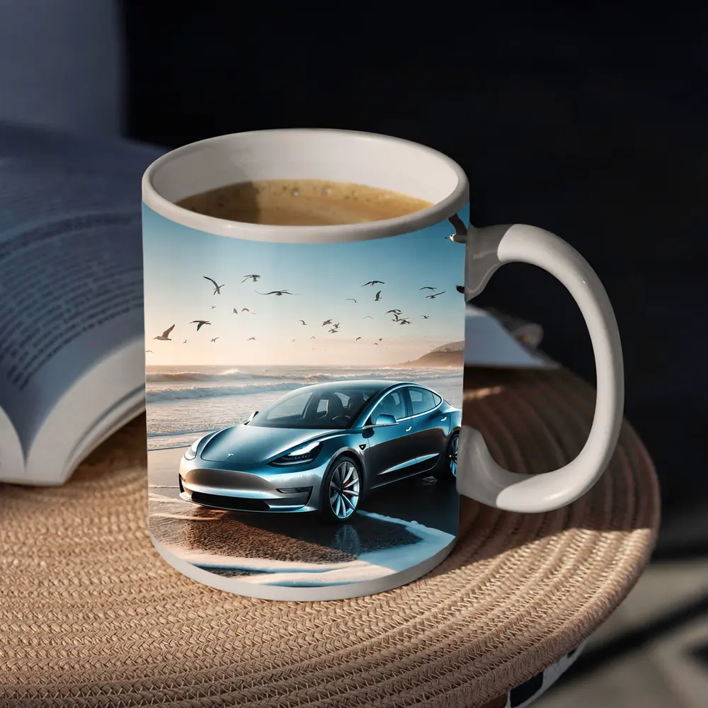 Tesla Model 3 Parked on Sunny Beach – Mugs