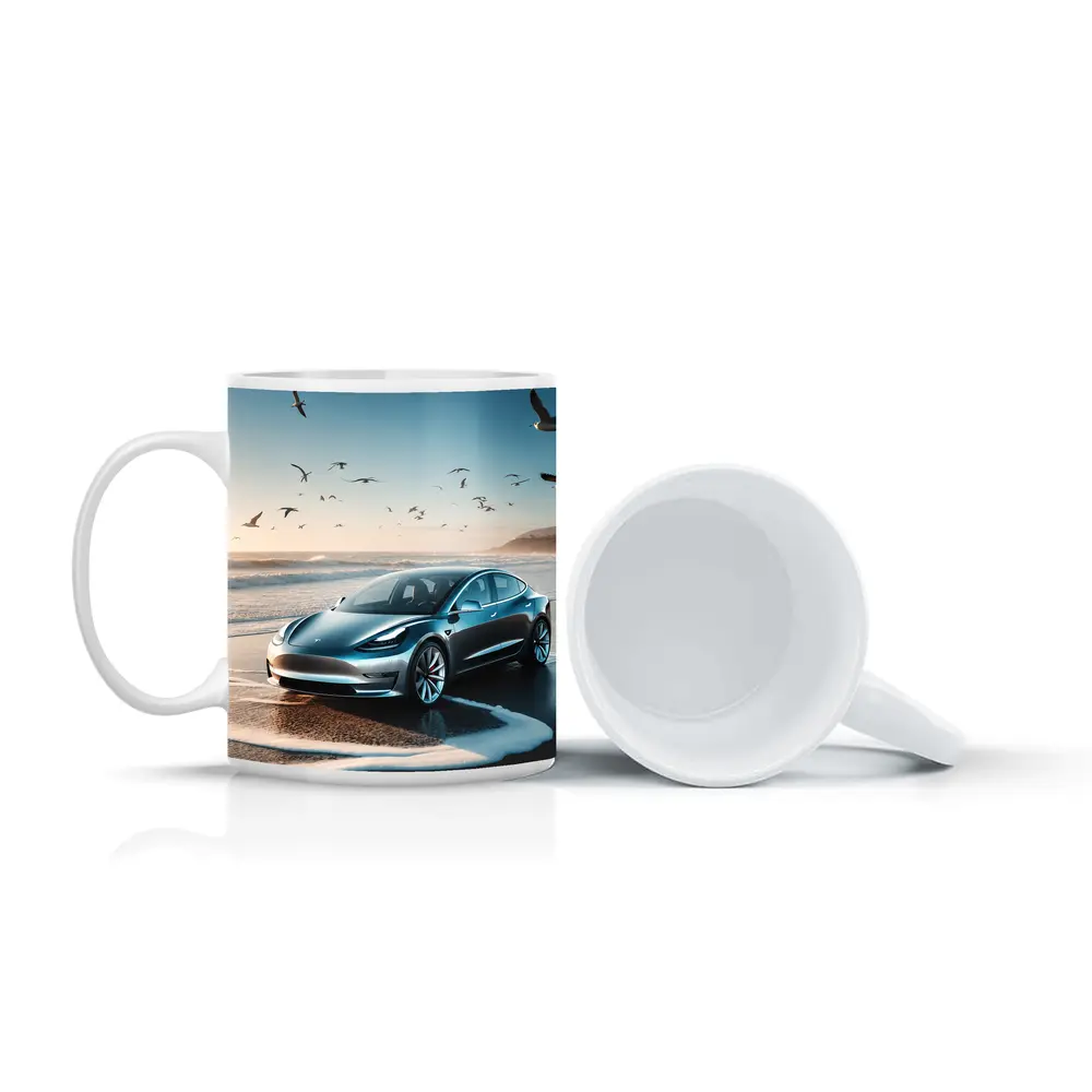 Tesla Model 3 Parked on Sunny Beach – Mugs