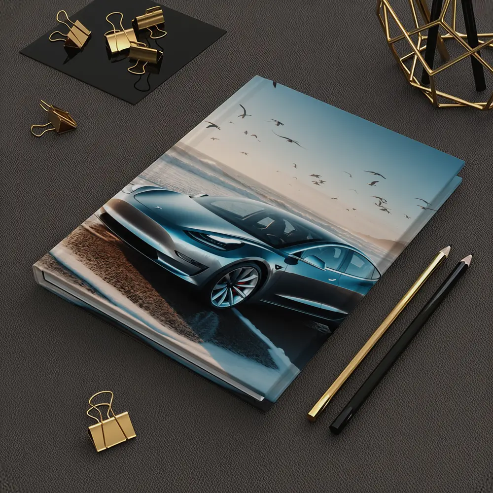 Tesla Model 3 Parked on Sunny Beach – Notebooks