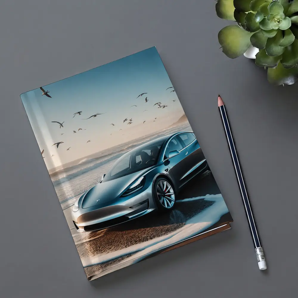 Tesla Model 3 Parked on Sunny Beach – Notebooks