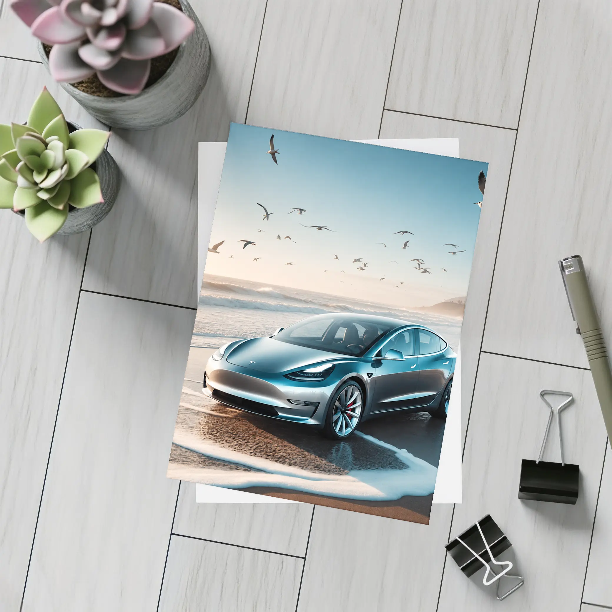 Tesla Model 3 Parked on Sunny Beach – Postcards