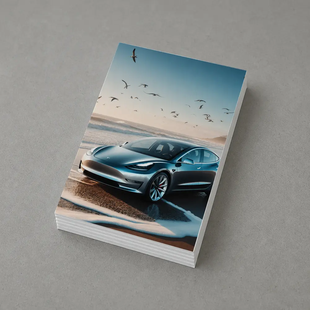 Tesla Model 3 Parked on Sunny Beach – Postcards