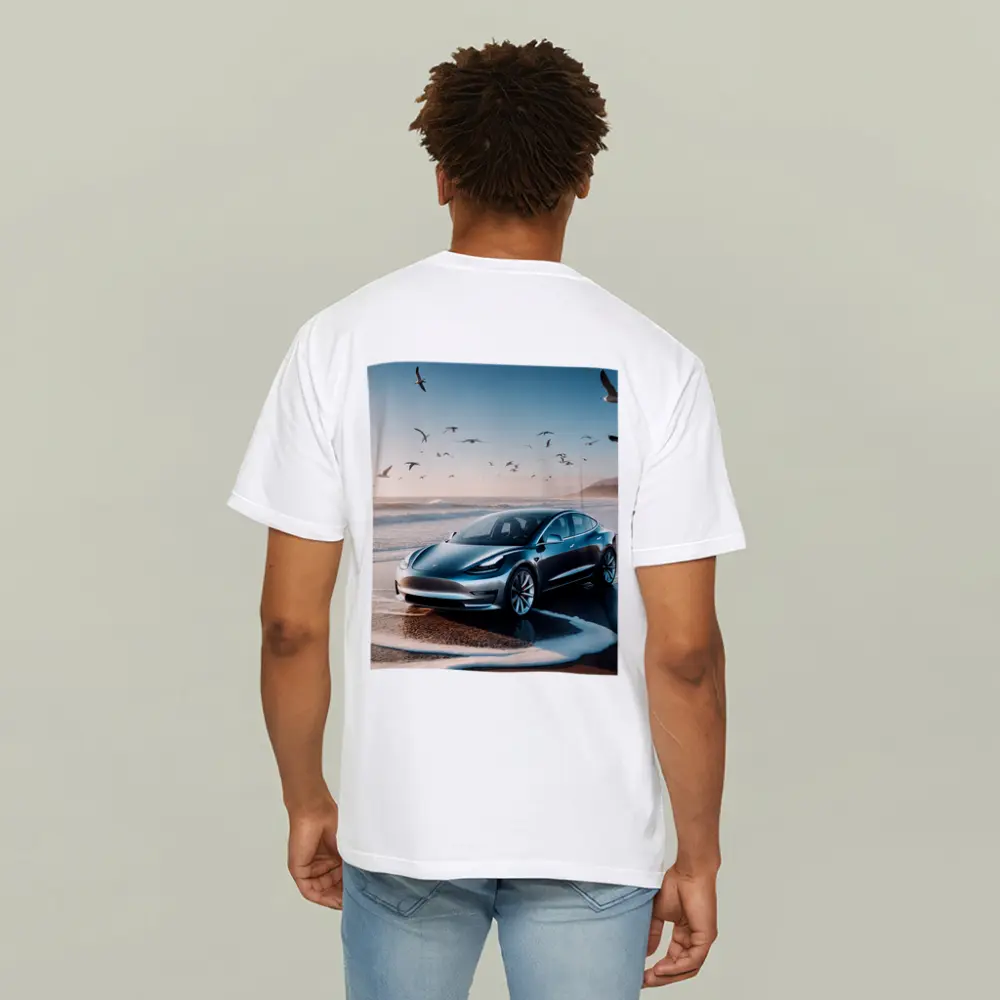 Tesla Model 3 Parked on Sunny Beach – T-Shirts