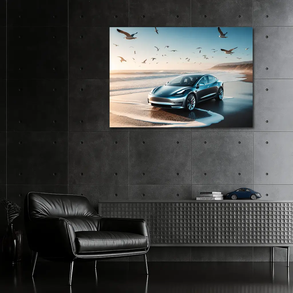 Tesla Model 3 Parked on Sunny Beach – Wall Art