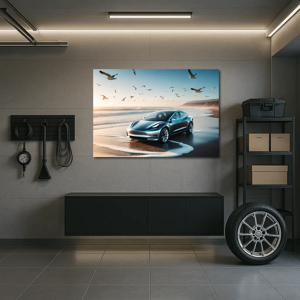 Tesla Model 3 Parked on Sunny Beach – Wall Art