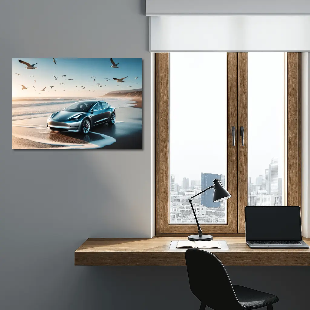 Tesla Model 3 Parked on Sunny Beach – Wall Art